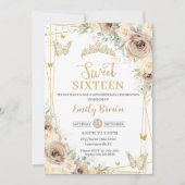 Champagne Bruin Bloemen Vlinders Sweet Sixteen Kaart (Voorkant)