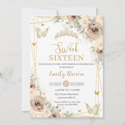 Champagne Bruin Bloemen Vlinders Sweet Sixteen Kaart (Voorkant)