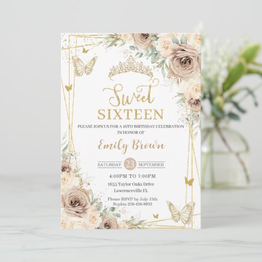 Champagne Bruin Bloemen Vlinders Sweet Sixteen Kaart (Staand voorkant)