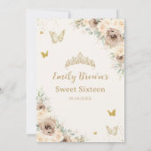 Champagne Bruin Bloemen Vlinders Sweet Sixteen Kaart (Achterkant)