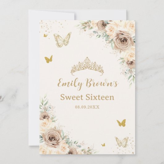Champagne Bruin Bloemen Vlinders Sweet Sixteen Kaart (Achterkant)