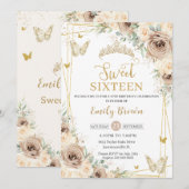Champagne Bruin Bloemen Vlinders Sweet Sixteen Kaart (Voorkant / Achterkant)