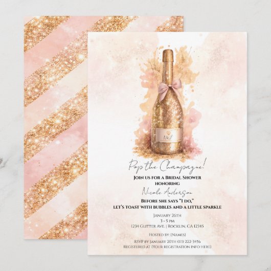 Champagne Bruisend & Gouden Glitter Bruiloftsfeest Kaart (Voorkant / Achterkant)