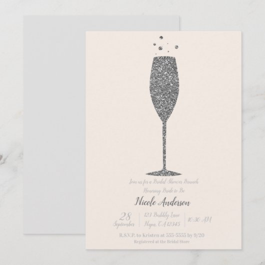 Champagne Bruisend Zilver Bruiloftsborrel Brunch Kaart (Voorkant / Achterkant)