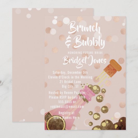 Champagne Brunch & Bubble Bridal Shower Invitation Kaart (Voorkant / Achterkant)