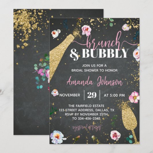 Champagne Brunch & Bubble Bridal Shower Invitation Kaart (Voorkant / Achterkant)