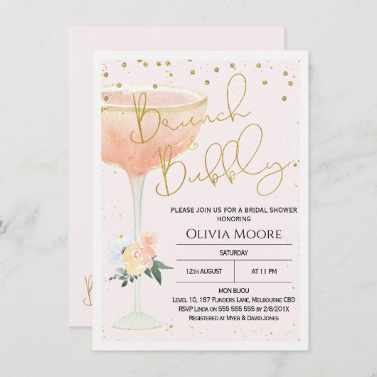 Champagne Brunch Bubbly Bruids Douche Uitnodiging (Voorkant / Achterkant)