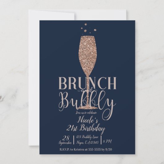 Champagne Brunch Bubbly Roos Gold Navy Verjaardag Kaart (Voorkant)