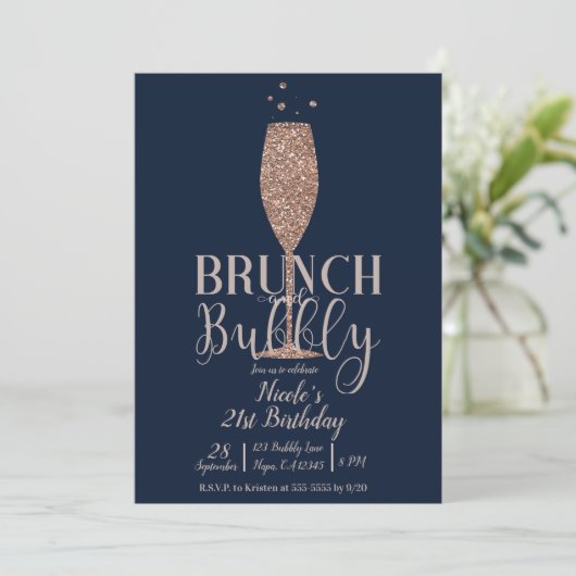 Champagne Brunch Bubbly Roos Gold Navy Verjaardag Kaart (Staand voorkant)