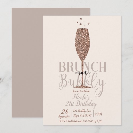 Champagne Brunch & Bubbly Roze Gouden Verjaardagsf Kaart (Voorkant / Achterkant)