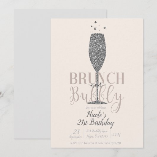 Champagne Brunch & Bubbly Zilveren Glitter Verjaar Kaart (Voorkant / Achterkant)