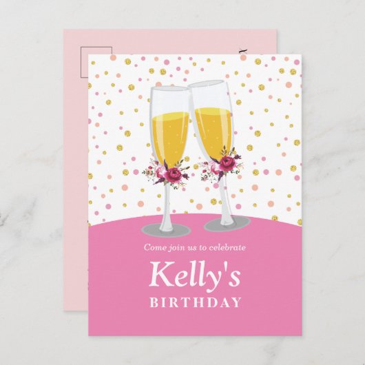 Champagne Brunch en Bubble-cheers jarig Uitnodiging Briefkaart (Voorkant / Achterkant)