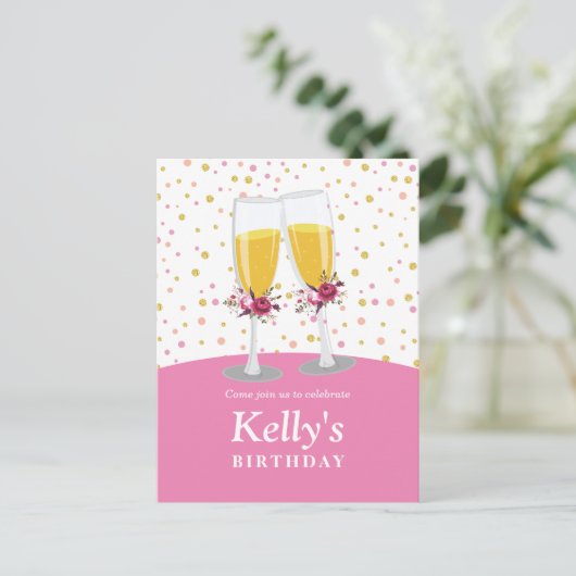 Champagne Brunch en Bubble-cheers jarig Uitnodiging Briefkaart (Staand voorkant)