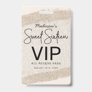 Champagne Brush Glitter Sweet 16 Uitnodiging VIP Badge
