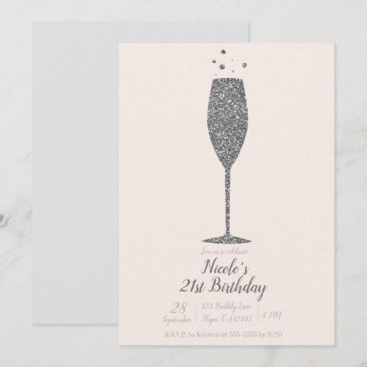 Champagne Bubble Silver Glitter Birthday Party Kaart (Voorkant / Achterkant)