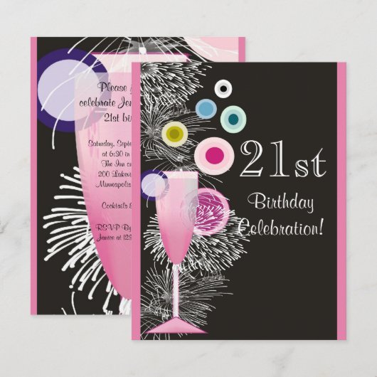 Champagne Bubbles 21st Birthday Party Invitation Kaart (Voorkant / Achterkant)