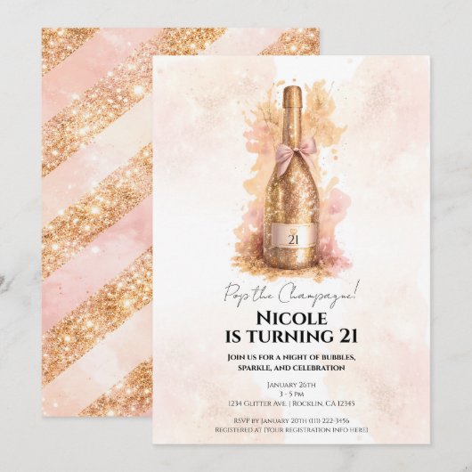 Champagne Bubbly & Gold Glitter 21 21ST Birthday Kaart (Voorkant / Achterkant)