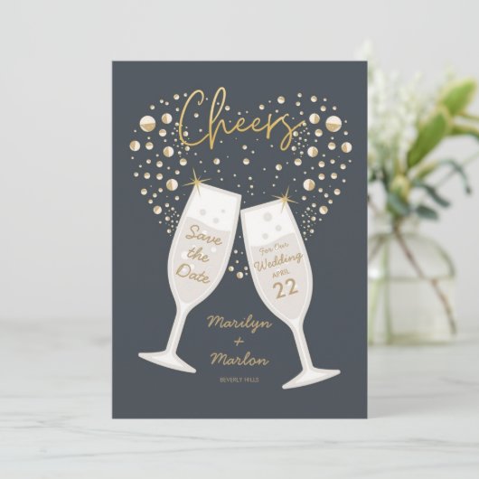 Champagne Bubely Cheers Wedding Save The Date (Staand voorkant)