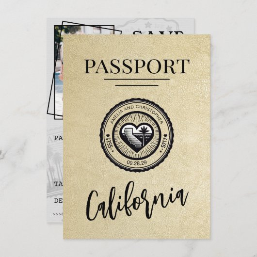 Champagne California Passport Bewaar de datum Save The Date (Voorkant / Achterkant)