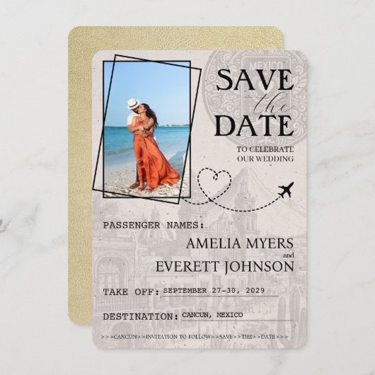 Champagne Cancun Passport Bewaar de datum Save The Date (Voorkant / Achterkant)