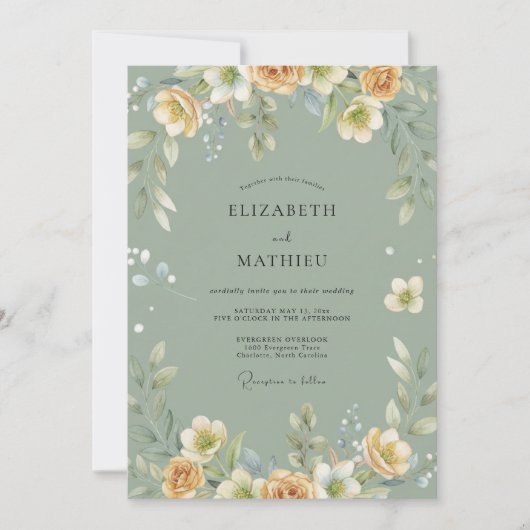 Champagne Celadon Bloemblad Bruiloft Kaart (Voorkant)