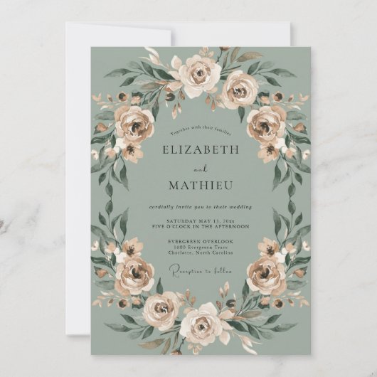 Champagne Celadon Loofwerk Eucalyptus Bruiloft Kaart (Voorkant)