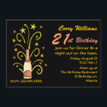 Champagne Celebration 21st Birthday Invitation Kaart<br><div class="desc">21ste feestdag voor de finale in zwart-gouden geel en perzik. Fun graphics van een champagnefles, met schietsterren en wimpels eromheen, versiert de linkerkant van de uitnodiging. De tekst in geel en perziken is klaar om je te personaliseren voor je grote dag. Pas aan om tekst aan de rug van de...</div>