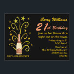 Champagne Celebration 21st Birthday Invitation Kaart<br><div class="desc">21ste feestdag voor de finale in zwart-gouden geel en perzik. Fun graphics van een champagnefles, met schietsterren en wimpels eromheen, versiert de linkerkant van de uitnodiging. De tekst in geel en perziken is klaar om je te personaliseren voor je grote dag. Pas aan om tekst aan de rug van de...</div>