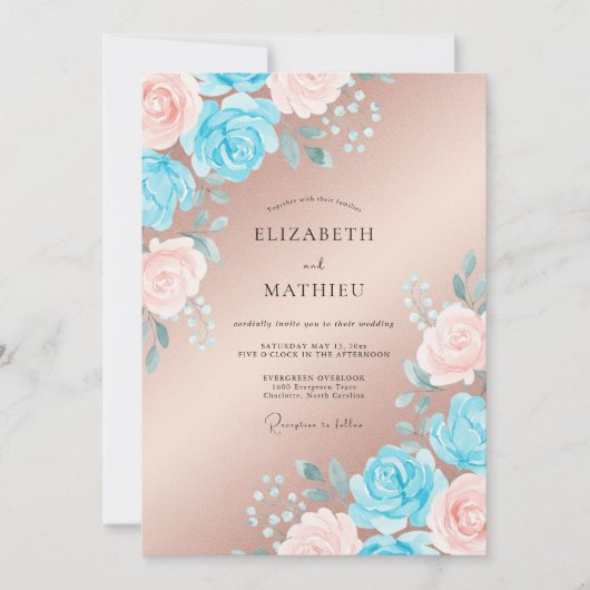 Champagne Cerulean Petal Bruiloft Kaart (Voorkant)