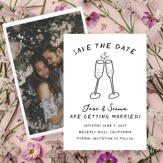 Champagne Cheers Hand getrokken Custom FOTO Save The Date