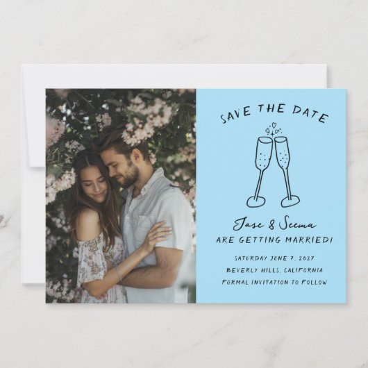 Champagne Cheers Hand getrokken Custom FOTO Save The Date (Voorkant)