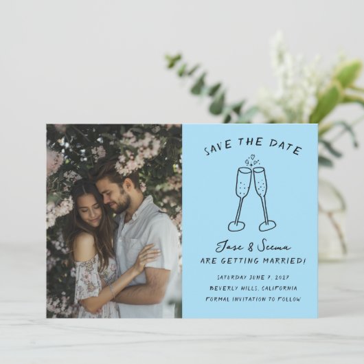 Champagne Cheers Hand getrokken Custom FOTO Save The Date (Staand voorkant)