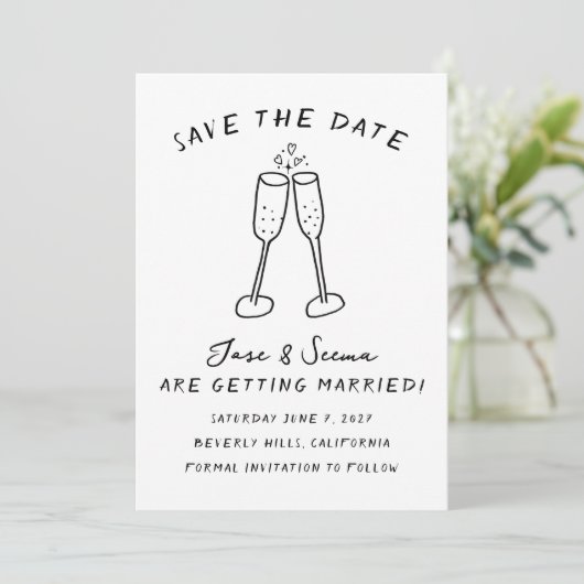 Champagne Cheers Hand getrokken Custom FOTO Save The Date (Staand voorkant)