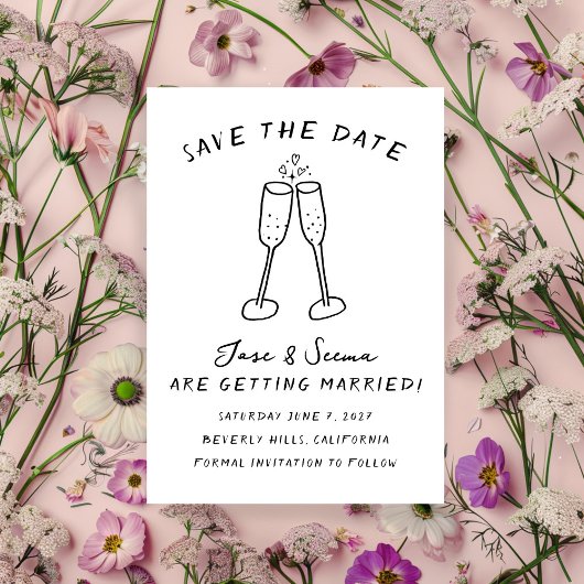 Champagne Cheers Hand getrokken Schattigee Custom Save The Date