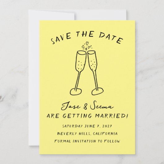 Champagne Cheers Hand getrokken Schattigee Custom Save The Date (Voorkant)