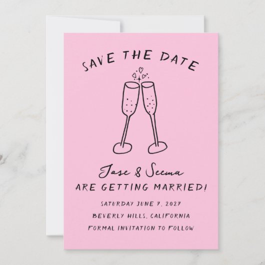 Champagne Cheers Hand getrokken Schattigee Custom Save The Date (Voorkant)