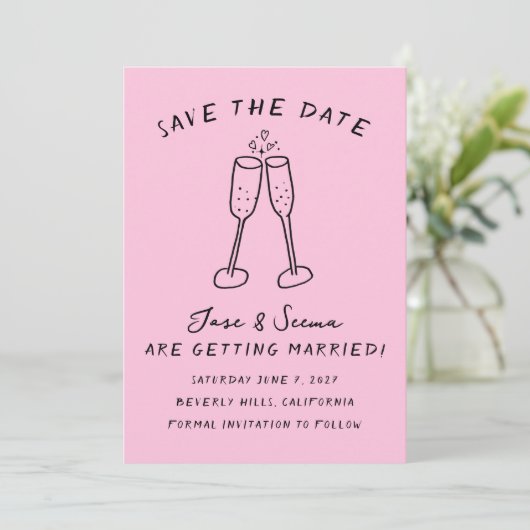 Champagne Cheers Hand getrokken Schattigee Custom Save The Date (Staand voorkant)