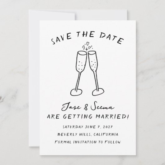 Champagne Cheers Hand getrokken Schattigee Custom Save The Date (Voorkant)