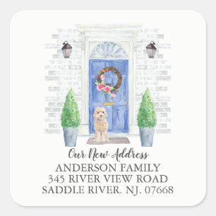 champagne cockapoo blauwe deur nieuw adreslabel vierkante sticker
