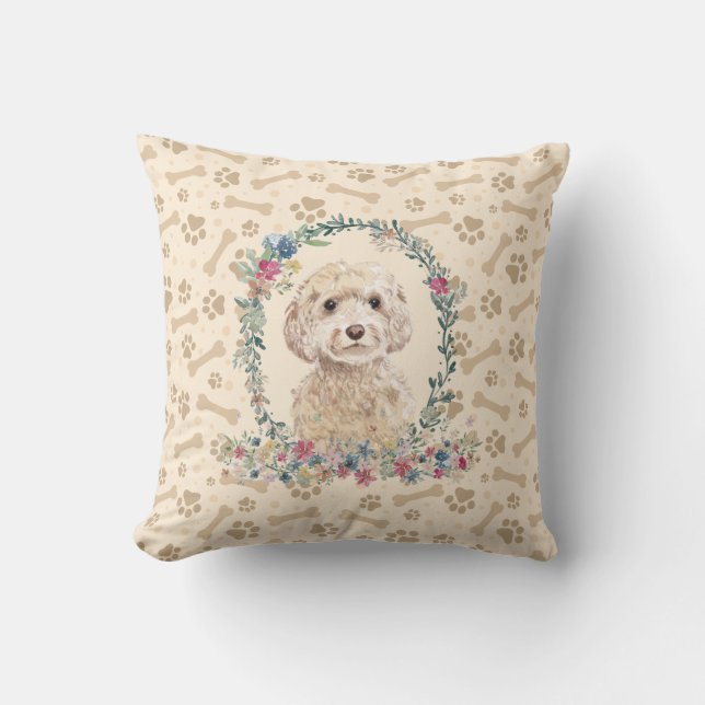 Champagne Cockapoo Dog Paw Print & Floral Cute Kussen (Voorkant)