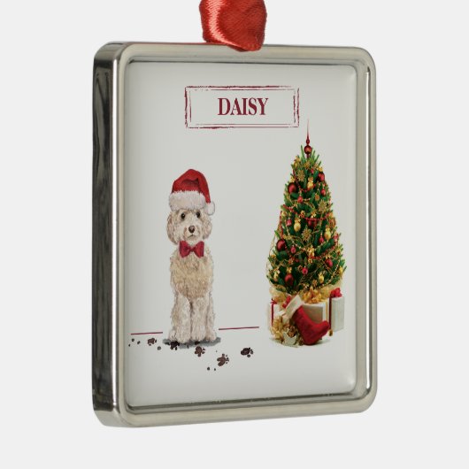Champagne Cockapoo Funny Kerstmis Dog met boom Metalen Ornament (Rechts)