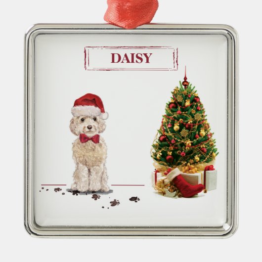 Champagne Cockapoo Funny Kerstmis Dog met boom Metalen Ornament (Voorkant)