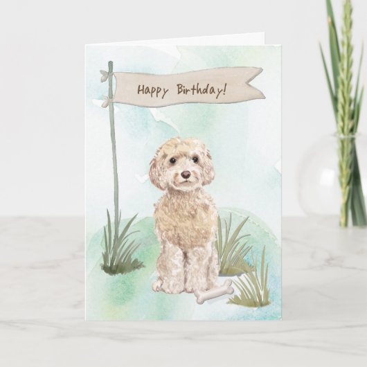 Champagne Cockapoo Hond onder Verjaardagsbord Kaart (Voorkant)