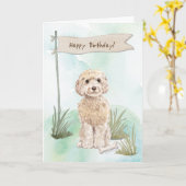 Champagne Cockapoo Hond onder Verjaardagsbord Kaart (Gele Bloem)