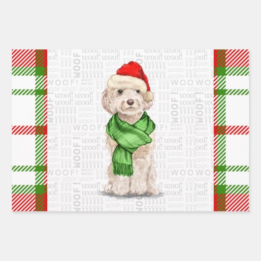 Champagne Cockapoo Kersthond en Plaid Inpakpapier Vel (Voorkant)