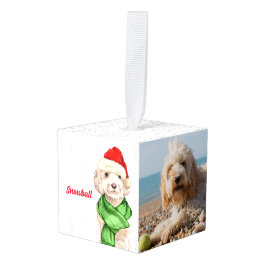 Champagne Cockapoo Two Photo Holiday Cube Ornament