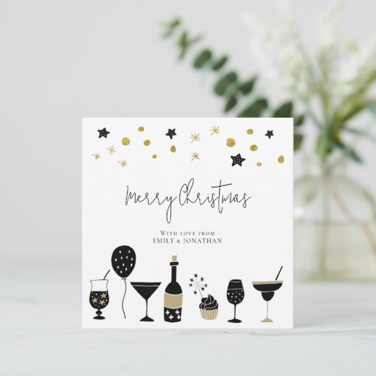 Champagne Cocktail Goud Zwart Vrolijk Kerstfeest Feestdagenkaart (Staand voorkant)