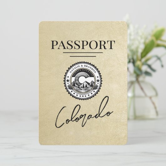Champagne Colorado Passport Save the Date (Staand voorkant)