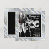 Champagne Confetti Black & Blue Masquerade Party Kaart (Voorkant / Achterkant)