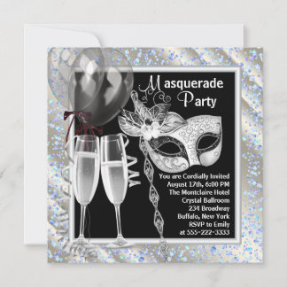 Champagne Confetti Black & Blue Masquerade Party Kaart